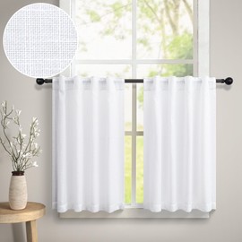 White Cafe Curtains 30 Inch Length for Kitchen Window Curtains Over Sink 2 Panels Set Back Tab Pocket Short Tier Semi Sheer Linen Small Curtains for Bathroom Bedroom Living Room Wide 30 by 30 In Long