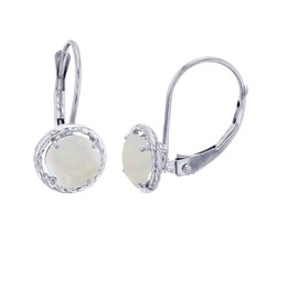 Solid 14K White Gold 5mm Round Genuine Opal October Birthstone With Rope Frame Leverback Dangle Earrings | Opal Gemstone | Gold Earrings For Women