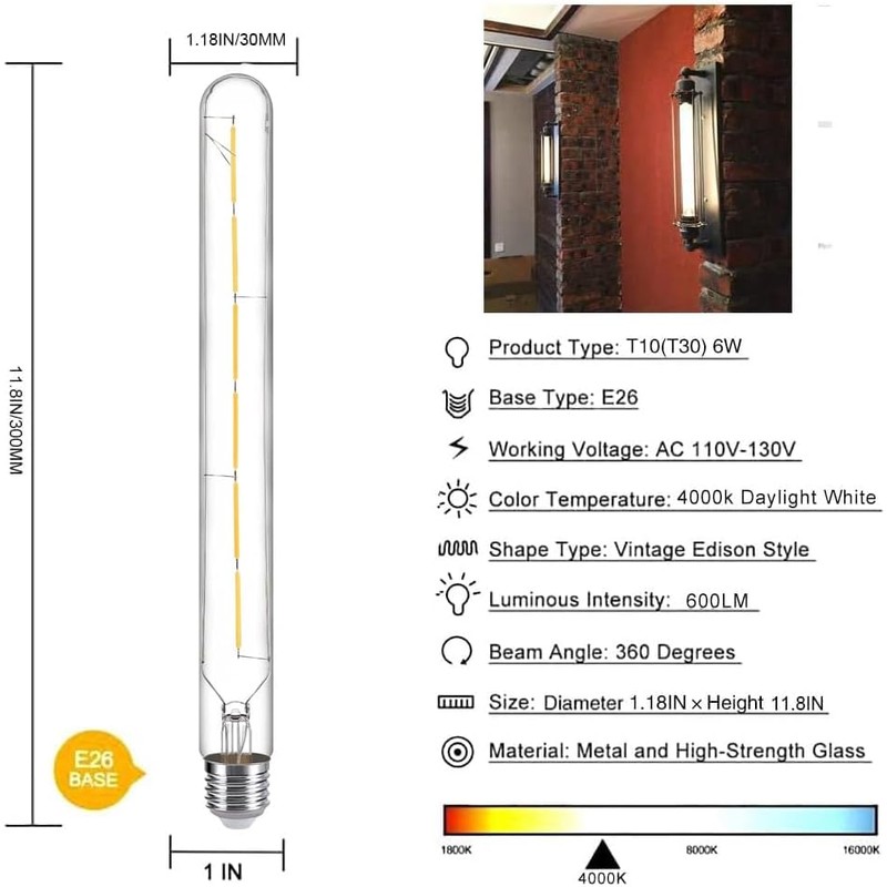 T10 Dimmable LED Tubular Bulb, Long Tube Edison Light Bulb