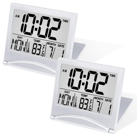Betus Digital Travel Alarm Clock - Foldable Calendar Temperature Timer LCD Clock with Snooze Mode - Large Number Display, Battery Operated - Compact Desk Clock for All Ages (Silver Pack of 2)