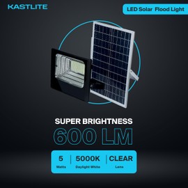 KastLite 5W LED Dusk to Dawn Solar Flood Light - 50 Watt Equiv. Waterproof Outdoor Fence/Security Floodlight w/Photocell Sensor & Remote Control - 5000K 600 Lumen Spotlight for Patio Street Driveway