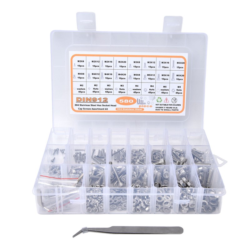 580Pcs Screws Nuts Washers Kit 304 Stainless Steel Cylindrical Head