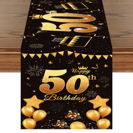 Happy 50th Birthday Table Runner Black and Gold 72 Inches Long Celebrate Birthday Table Runner for 50 Years Old Men Women Birthday Anniversary Dining Table Decorations for Home Kitchen Party