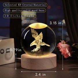 3D Laser Engraved Eagle Crystal Ball, Animal Figurine Decor Glass Sphere Lamp Night Light, Eagle Statue Gifts for Men Women Kids