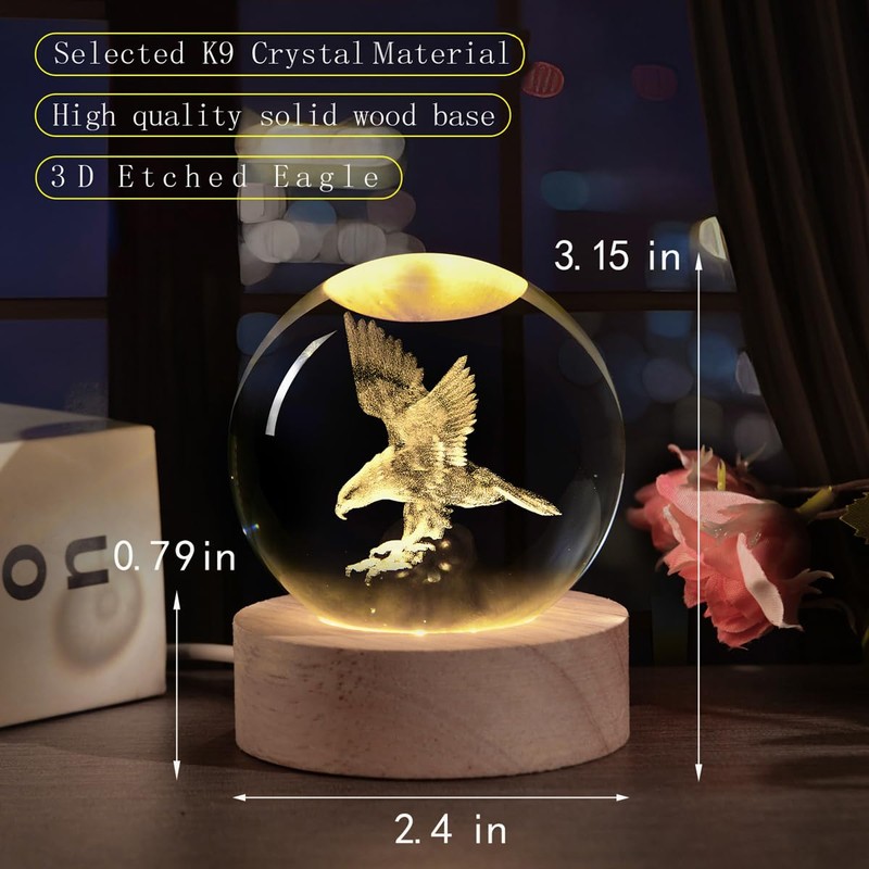 3D Laser Engraved Eagle Crystal Ball, Animal Figurine Decor Glass
