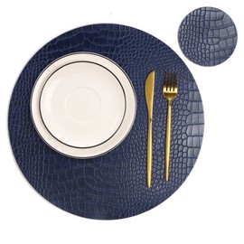 Round Leather Placemats for Round Tables Set of 6, Blue Table Place Mats and Coasters, Washable Easy to Care for Indoor Decor 13" Diameter