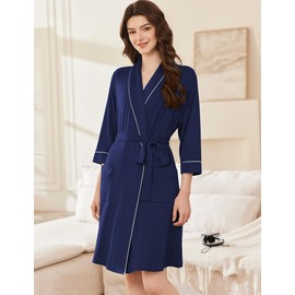 Ekouaer Women Robes Shawl Collar Bathrobe Short Kimono Robe Soft Knit Bathrobes Ladies Sleepwear with Pockets Navy Blue Small