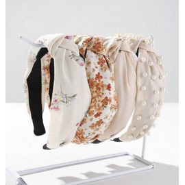 Knotted Headbands for Women Non Slip Fashion Women Headbands for Hair Cute Hairband for Women's Hair Wide Top Knot Hair Hoops for Girls Boho Floral White Pearl Head Band Trendy