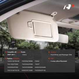 A-Premium Driver & Passenger Sun Visor Compatible with Toyota Camry 2007 2008 2009 2010 2011 - with Vanity Mirror, Without Sunroof, Without Vanity Light, Gray - Replaces 7431006750B0, 7432006780B0