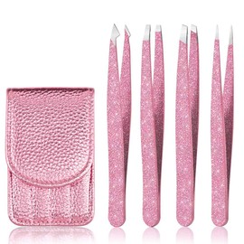 Juego de 4 pinzas, punta inclinada profesional de acero inoxidable y pinzas puntiagudas para manualidades con estuche de piel, precisión para cejas, cabello encarnado, vello facial, puntos negros y extensión de pestañas (oro rosa)