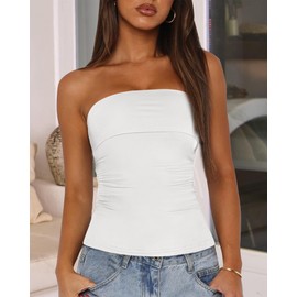 BTFBM Womens Strapless Tube Tops Summer Spring Clothes 2025 Trendy Casual Ruched Stretchy Going Out Bodycon Bandeau Top(White, Small)