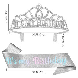 Oblihumoy Birthday Sash & Rhinestone Tiara Set, It’s My Birthday Tiara and Sash for Women Silver Crown Rhinestone Crown