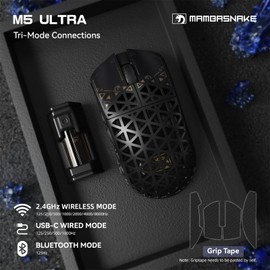 MAMBASNAKE M5 Ultra Wireless Gaming Mouse,39g Carbon Fiber,42K DPI PAW3950 Sensor,8000Hz Polling Rate,Tri-Mode 2.4GHz/BT/Wired Computer Mice,Web Driver Support,for Win/Mac/FPS/MOBA/Esports-Black Pro