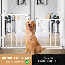 Papacare 36" Extra Tall and Wide Baby Gate for Stairs Doorways - Pressure Mounted Metal Pet Gate with Double Safety Lock - Easy Walk Through Indoor Doggie Gate,White