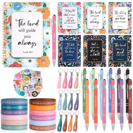 Zhanmai 146 Pcs Church Gifts for Women Bulk Bible Verse Notebooks and Pens Inspirational Keychain Religious Bracelets Stickers Christian Favors Gifts for Women Teacher Student Graduation