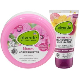 Alverde NATURKOSMETIK 2er-Set Körperpflege: MAMA KÖRPERBUTTER Bio-Malve Hautpflege während & nach der Schwangerschaft (200 ml) + 2in1 REPAIR HANDCREME Handmaske für strapazierte Haut (75 ml), 275 ml