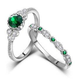 Eastlily Created Round Cut Emerald Wedding Rings Set For Women, Marquise CZ Engagement Rings For Women, Rhodium-Plated Copper Promise Ring, Simulated Diamond Anniversary Rings for Size 8, 8, Metal,