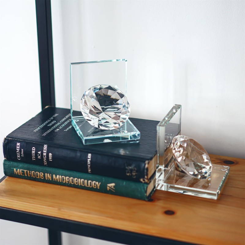 1 Pair Crystal Bookends with 80mm Clear Diamond, L Shaped
