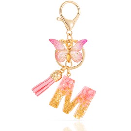 MWOOT Letter M Keychain Initial Letter Keyring, Alphabet Resin Flower Key Chain with Butterfly Tassel Pendant Handbag Purse Charm, Pink Petal Keyring for Women (M), pink