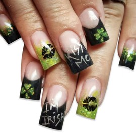 St.Patrick’s Day Press on Nails Medium Square Fake Nails with Green Glitter Design Shamrock Kiss Glue on Nails Black French Stick on Nails Glossy Reusable Irish False Nails for Women Manicure 24pcs