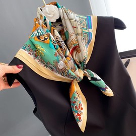 FEIBOON 100% Pure Mulberry Silk Scarfs 26"x26" Square Scarf Women Neckerchief Headscarf hair scarf bandana Gift Packed (White Green Orange Animal Pattern)