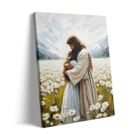 Jesus Canvas Wall Art Decor - Christian Religious Artwork, Jesus Hugging a Girl in a Field of Daisies Painting, Jesus Wall Decor for Living Room, Church or Office, Art Canvas Print 11X14 inch