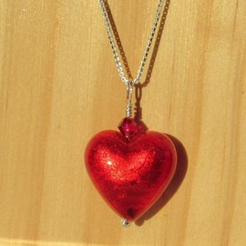 Red Murano Glass Heart (18mm), Sterling Silver Chain and Crystal Necklace. Gift Wrapped Jewellery by Lesley H Phillips