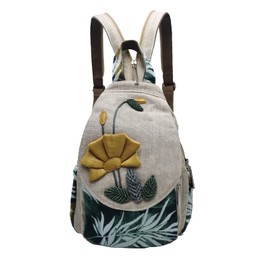 HUANGGUOSHU Women Cotton Woven Hippie Hemp Boho Canvas Embroidery Multi Pocket Retro Cute Backpack Wallet Backpack（Piranha）