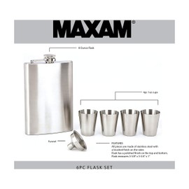 Maxam 6-piece 8 Ounce Stainless Steel Flask Set, Flask, Shot Glass And Funnel Included