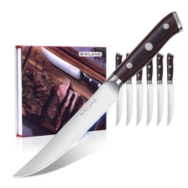 SIXILANG Steak Knives Set of 6 Piece - Sharp Stainless German Steel Steak Knifes, Non-Serrated, Full Tang Design with Wooden Handle, Premium Dinner Knife for Steak Lovers