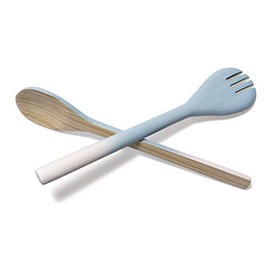 Lipper International 2-Tone, Light Blue & White/Natural Salad Servers, 2 3/4" x 12 5/8" x 1/2", Spun Bamboo