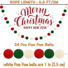 Jishi Christmas Pom Pom Garland Christmas Tree Decorations Indoor Home Room Decor 3pk Cute Hanging Felt Ball Red White & Green Pompom Bead Ornament String Banner Garland, Xmas Birthday Party Supplies