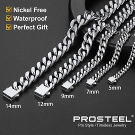 PROSTEEL Miami Cuban Chain Necklace Stainless Steel 5mm/7mm/9mm/12mm/14mm Width 18"-30" Necklace Hypoallergenic Jewelry Unisex For Men Women Lovers Gift Box pendant necklace - Style: 7mm-Steel, Length: 18"-46 cm (Women's Average Length)