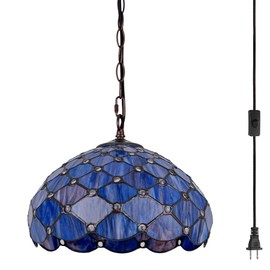 GILGGAK Tiffany Style Stained Glass Pendant Light Plug in, 12" Wide Pearlescent Design Hanging Lamp, 60 Inch Chain 15 Feet Cord Living Dining Room Bedroom Kitchen Home Office (Deep Blue)