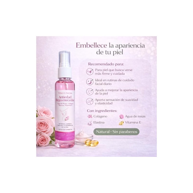 Tónico facial de agua de rosas con colágeno y vitamina
