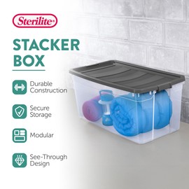 Sterilite 200 Quart Plastic Stacker Box, Lidded Storage Bin Container for Home and Garage Organizing, Shoes, Tools, Clear Base & Gray Lid, 3-Pack