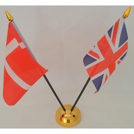 Denmark Danish Union Jack 2 Flag Friendship Table Display With Gold Base