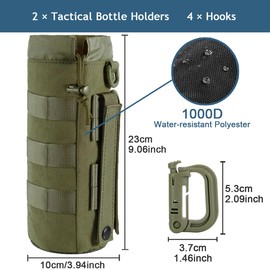 MUCHER 2 Pack Tactical Bottle Holder Molle Bottle Holder Durable Military Water Bottle Bag with 4 Hooks Water Bottle Holder for Outdoor Hiking Hunting Camping Training, Army Green, Additional pocket