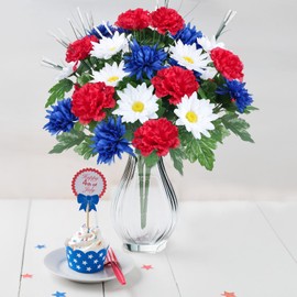 Minnhua 17.3" 13 Heads Artificial Flower Patriotic Memorial Bouquet Red White and Blue flowers with Mums Hydrangea Daisy 4th of July Flowers for Cemetery Table Centerpiece Memorial Day Home Decor 2Pcs