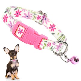 Dog Collar with Bell for Small Dogs, Pretty Pink Floral Cat Collar Flower Female Puppy Collars for XS Small Tiny Little Girl Pet Dogs, White S