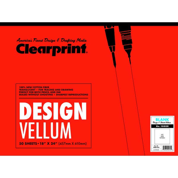 Clearprint 1000H Design Vellum Pad, 16 lb., 100% Cotton, 18 x 24 Inches, 50 Sheets, Translucent White, 1 Each (10001422)