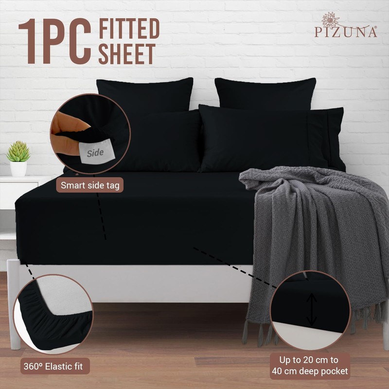 Pizuna 100% Cotton Small Single Fitted Sheet Black, 400 Thread