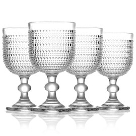 GOROGILE 12 oz Clear Vintage Wine Glasses,Hobnail Drinking Glasses Set of 4,Embossed Goblet Glasses for Wedding,Party, Dinner,Bar