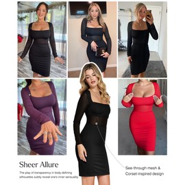Popilush Long Sleeve Shapewear Dress Mesh Dresses Built in Bra Corset Dresses for Women Tummy Control Black