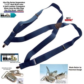 Holdup Suspender's Blue Trucker Style Hip-clip Suspenders in 1 1/2" Width and Silver-tone Non-Slip Clips