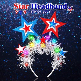 Kesvb Light Up 4th of July Headband LED Star Hairband Blue Red Tinsel Hair Hoop Independence Day Hair Accessories for Women