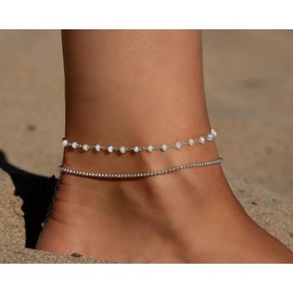 ASCOMY Anklets for Women 14K Silver Plated Ankle Bracelets for Women Silver Anklet Cute Pearl Chain Beads LiAK Anklets Minimalist Summer Beach Foot Bracelet Jewelry Gifts for Her