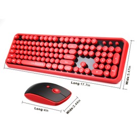 Wireless Keyboard Mouse Combo,2.4GHz Waterproof Keyboard with Round Retro Style Red Key and Optical Wireless Gaming Mouse with 3 Adjustable DPI, Compatible with PC, Computer, Laptop, Desktop, Note-Red