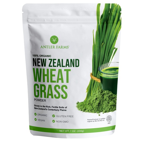 Antler Farms – 100% puro polvo de pasto de trigo orgánico de Nueva Zelanda, 50 porciones, 200 g – crudo, vegano, sin gluten, rico en nutrientes, zacate de trigo de clorofila alta, sin plaguicidas, sin productos químicos, sin OMG