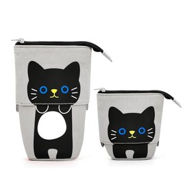 Cat Cute Standing Pencil Case for Kids, Pop Up Pencil Box Makeup Pouch, Stand UP Cartoon Christmas Gift Kids Pen Holder Organizer Cosmetics Bag, Kawaii Stationary (Black Cat)